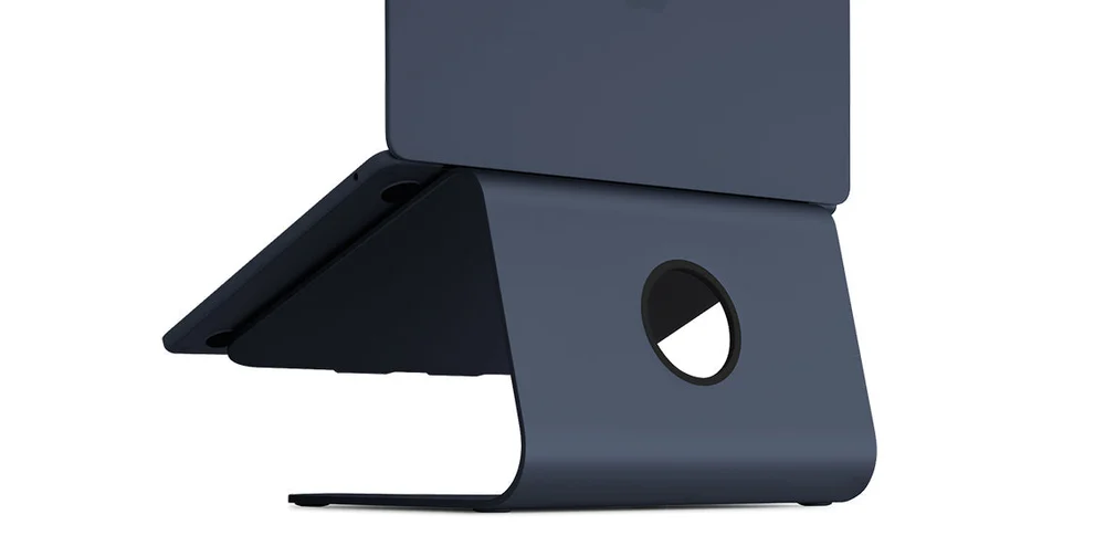 Rain Design mStand in Midnight supporting a laptop, manufacturer photo. Laptop not included.