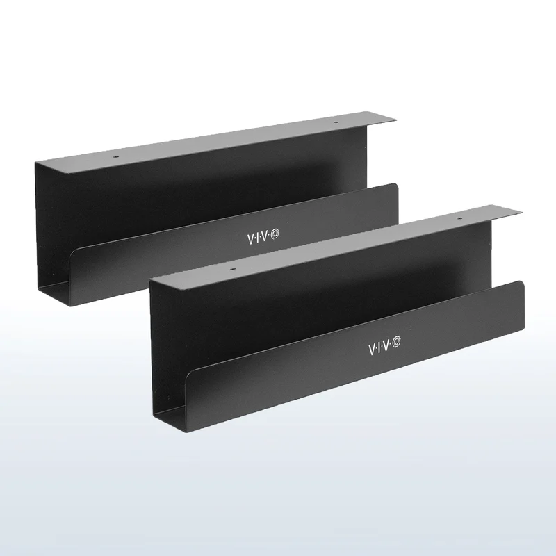 Two black VIVO under-desk cable-management trays, manufacturer photo. Packs and colors vary.